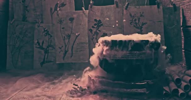 Kurioser Hexenkessel Mit Getrockneten Pflanzen Halloween Für Halloween Hintergrund — Stockvideo
