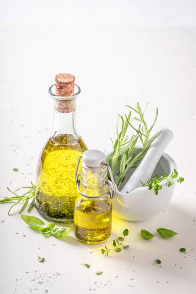 Tasty Healthy Oil Virgin Olive Oil Herbs Flavored Oil Bottle — Stock Photo, Image