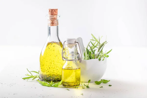Healthy Fresh Oil Bottle Herbs Products Made Olives Herbs — Stock Photo, Image