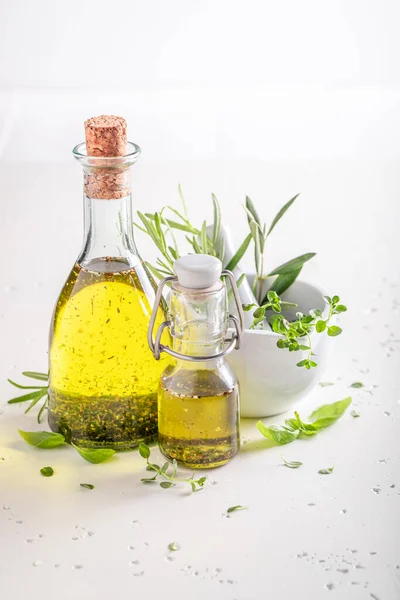 Delicious Healthy Oil Bottle Herbs Products Made Olives Herbs — Stock Photo, Image