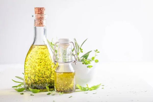 Tasty Healthy Oil Bottle Herbs Products Made Olives Herbs — Stock Photo, Image