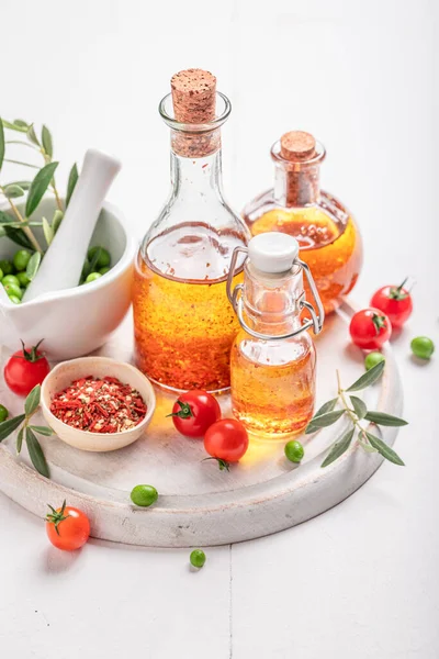 Delicious Healthy Oil Herbs Dried Tomatoes Flavored Oil Bottle — Stock Photo, Image