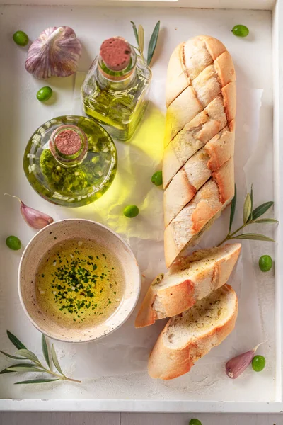 Aromatic Tasty Baguette Made Garlic Olive Oil Baguette Garlic Oil — Stock Photo, Image