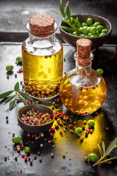 Spicy Delicious Oil Spicy Mix Peppers Products Made Olives Peppers — Stock Photo, Image