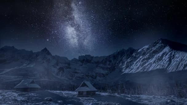 Milchstraße Und Sternschnuppen Über Kalten Bergen Winter Polen — Stockvideo