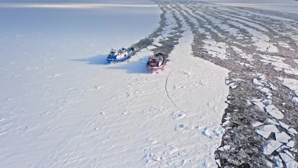 비스툴라 쇄빙선들이 폴란드의 얼음을 지나가는 — 비디오