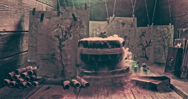 鬼鬼祟祟的魔法师 万圣节用干枯的植物做的大锅 背景之间的光环 — 图库视频影像