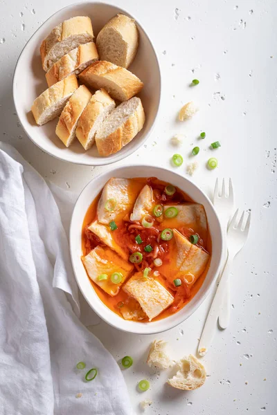 Fresh Delicious Pickled Herring Made Kashubian Style White Bowl — Stock Photo, Image
