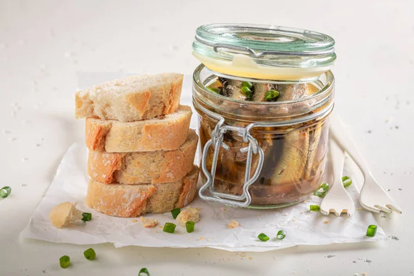Tasty Smoked Sprats Served Bread Chive Sprats Jar Served Bread — Stock Photo, Image