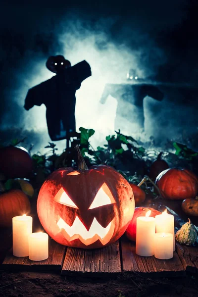 Pomerančová Dýně Strašáky Halloween Noci Hřišti Pozadí Pro Halloween — Stock fotografie