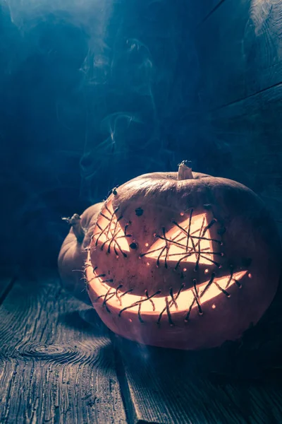Bizarre Foggy Jack Lantern Blue Moonlight Background Copy Space Halloween — Stock Photo, Image
