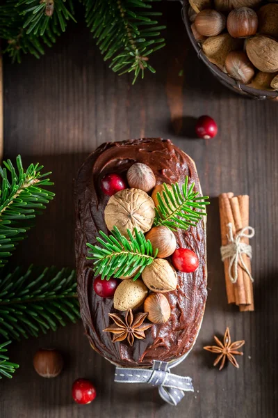 Top View Gingerbread Nuts Christmas Ornamented Spruce Wooden Tray — Stock Photo, Image