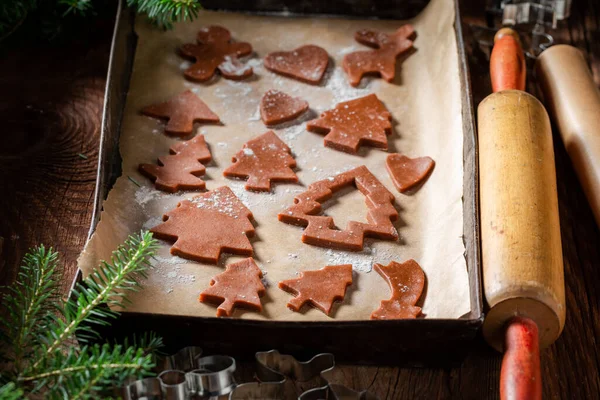Homemade Fresh Christmas Gingerbread Cookies Baking Tray — Stock Photo, Image