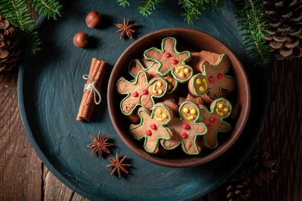 Biscotti Fatti Casa Dolci Ciotola Legno Contesto Natale — Foto Stock