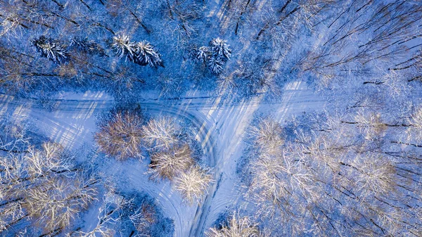 雪地的森林和冬日的河流 欧洲的空中自然景观 — 图库照片