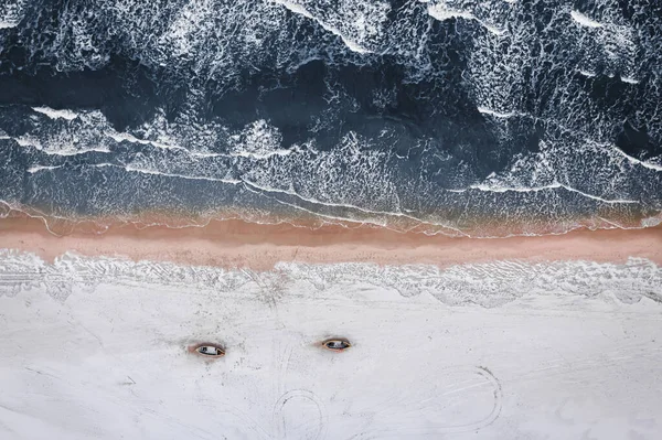 Blick Von Oben Auf Verschneite Fischerboote Winter Der Ostsee Luftaufnahme — Stockfoto