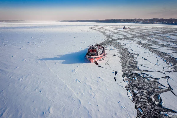 Jégtörők Folyón Télen Aerial View Frozen Vistula River Lengyelország — Stock Fotó