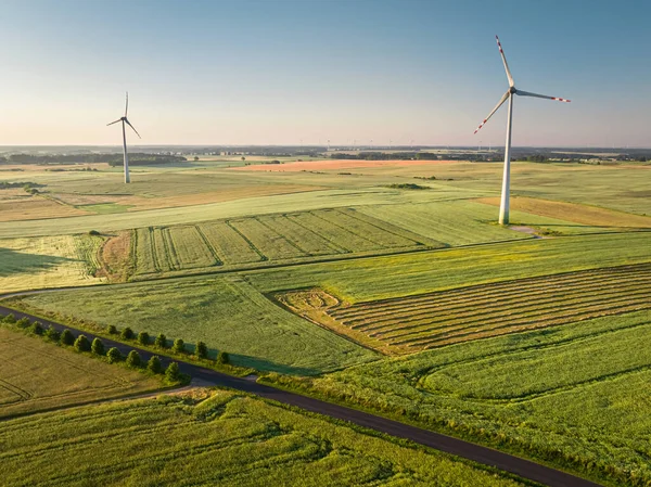 Wind Turbines Sunrise Green Field Aerial View Poland — Stock Fotó