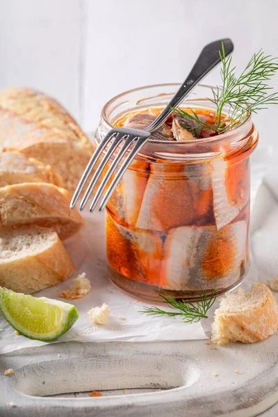 Fresh Delicious Pickled Herring Tomatoes Onion Herring Jar Served Bread — Stock Photo, Image