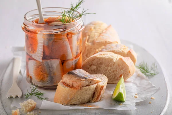 Healthy Tasty Pickled Herring Served Bread Dill Herring Jar Served — Stock Photo, Image