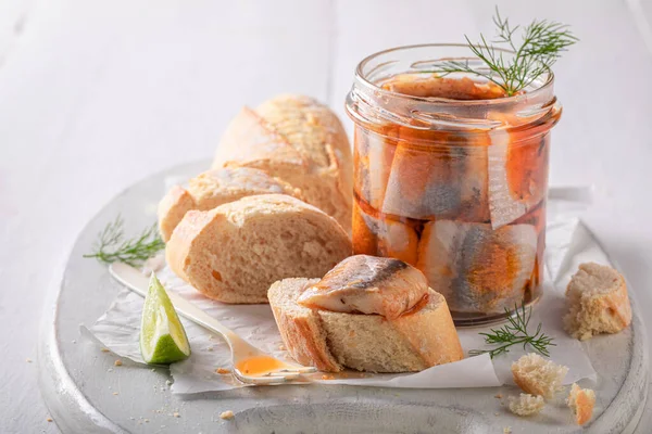 Healthy Tasty Pickled Herring Popular Mediterranean Snack Fish Marinated Tomatoes — Stock Photo, Image
