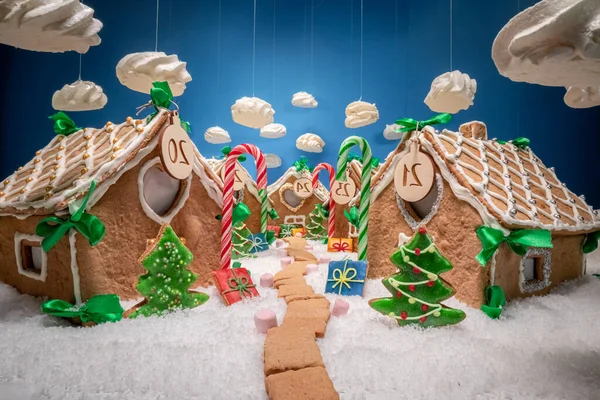 Homemade Unique Christmas Gingerbread Village Meringue Clouds Gingerbread Village Christmas — Stock Photo, Image