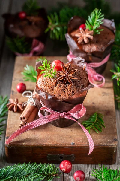 Heerlijke Peperkoek Muffins Met Sparren Voor Kerstmis Toetje Voor Kerst — Stockfoto