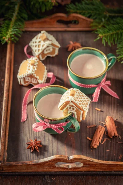 Adorable Gingerbread Cottages Hot Chocolate Christmas Snack Dessert Christmas — Stock Photo, Image