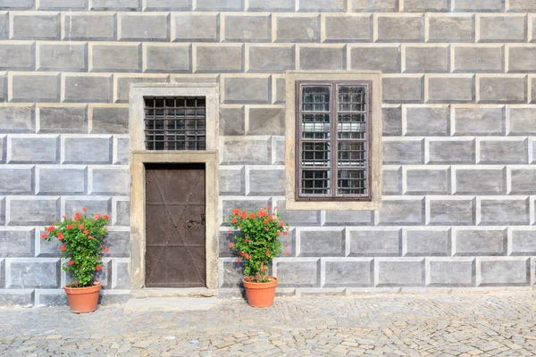 Nep stenen muur met deur en bloemen — Stockfoto