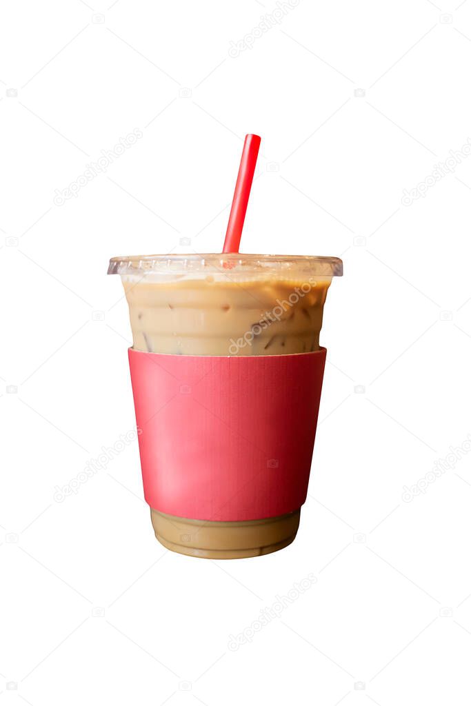 Iced coffee in take-away plastic cup with red safety cardboard collar and red straw, isolated on white. 