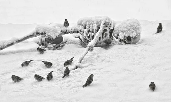 Squelette Dans Neige Avec Petits Oiseaux Avec Traitement Grognement Pour — Photo