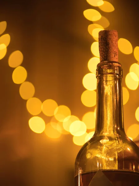 Corked Bottle Wine Festive Holiday Light Bokeh Background — Stock Photo, Image
