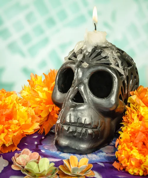 Oaxacan black clay Skull with candle — Stock Photo, Image