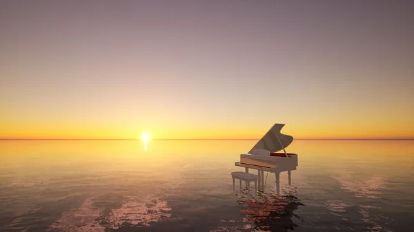 Surrealistická Mořská Scéna Bílým Klavírem Vodě Při Západu Slunce Ilustrace — Stock fotografie