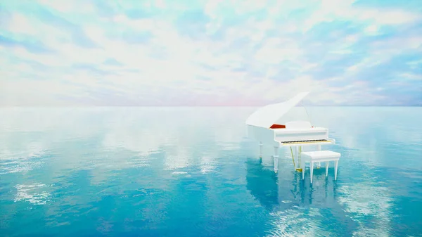 Escena Mar Surrealista Con Piano Blanco Agua Atardecer Con Tonos —  Fotos de Stock