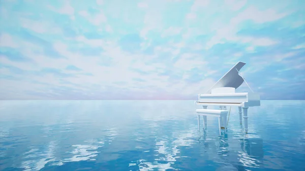Surrealistická Mořská Scéna Bílým Klavírem Vodě Soumraku Modrými Tóny Ilustrace — Stock fotografie