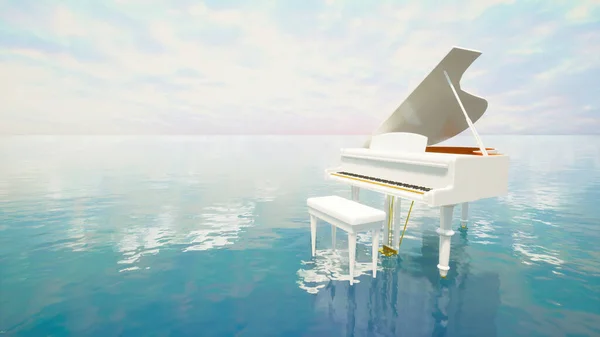 Surreal Sea Scene White Piano Water Dusk Blue Tones Illustration — Stock Photo, Image