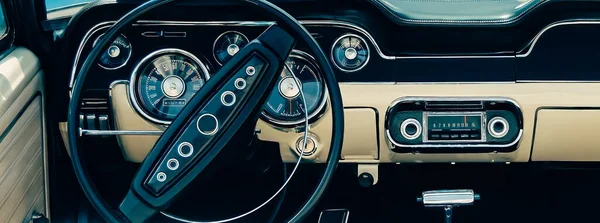 Retro Style Image Old Classic Sports Car Dashboard Black White — стоковое фото