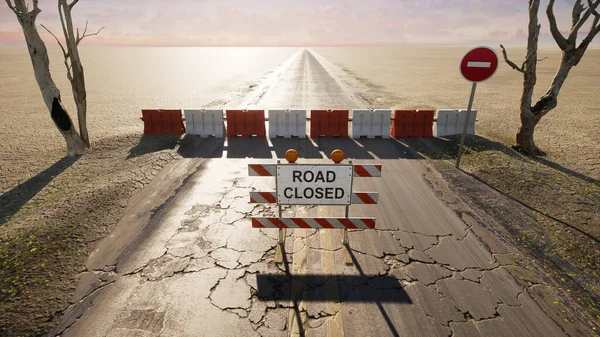 Weg Gesloten Bord Een Rechte Weg Woestijn Tot Het Oneindige — Stockfoto