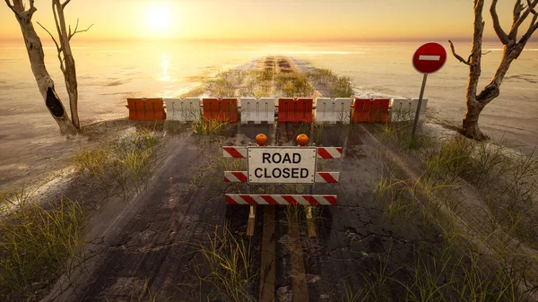 Road closed sign in a straight flooded road at sunrise , 3D illustration.