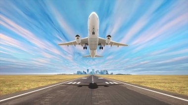 Commercial airplane Takeoff on airport runway with city in the background and beautiful afternoon skies, 3D illustration.