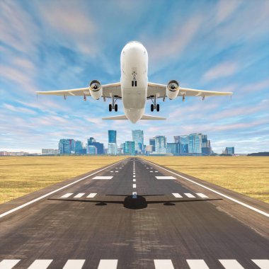 Commercial airplane Takeoff  on airport runway with city in the background and beautiful afternoon skies, 3D illustration.