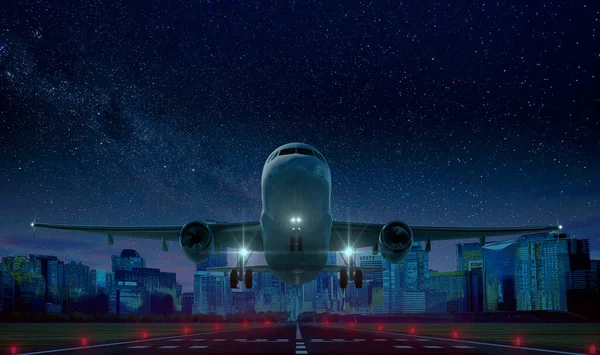 Commercial Airplane Take Night Airport Runway City Background Beautiful Sky Royaltyfria Stockbilder