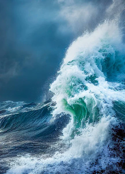Spectacular stormy ocean with big dangerous waves, illustration