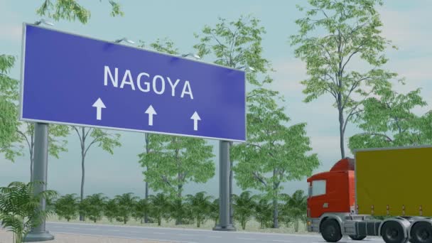 Japonya, Nagoya 'ya kamyonculuk. Şehre bir yön tabelasıyla gelmiş. Mal, iş ve taşımacılık kavramı. Canlandırmanın 3B canlandırması.