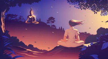 Genç bir kadının Budizm vektör çizimi dağın zirvesinde Buda heykelinin dağın zirvesinde oturduğu bir dağın tepesinde meditasyon yapıyor..