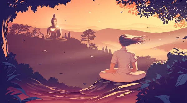 Young Woman Meditating Top Mountain She Facing Another Mountain Buddha — Stock Vector