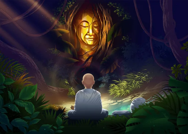Buddhism Vector Illustration Female Arahant Monk Female Holy Monk Meditating — Stock vektor