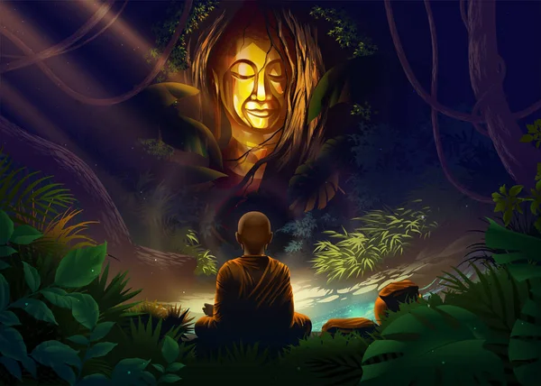 Buddhism Vector Illustration Arahant Monk Holy Monk Meditating Front Mystery — Stock vektor