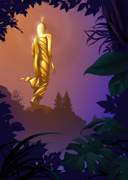 Buddyzm Wektor Ilustracja Złotego Chodzącego Posągu Buddy Lub Leela Pozowane — Wektor stockowy